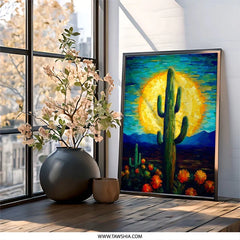Desert Cactus Wall Art, Southwest Decor, Orange Flower Art, Prickly Pear Cactus Print, Desert Landscape Painting, Modern Wall Decor - Tawshia