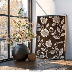 Floral Wall Art Print, Brown Botanical Decor, White Flower Artwork, Elegant Home Decor, Nature Inspired Art - Tawshia