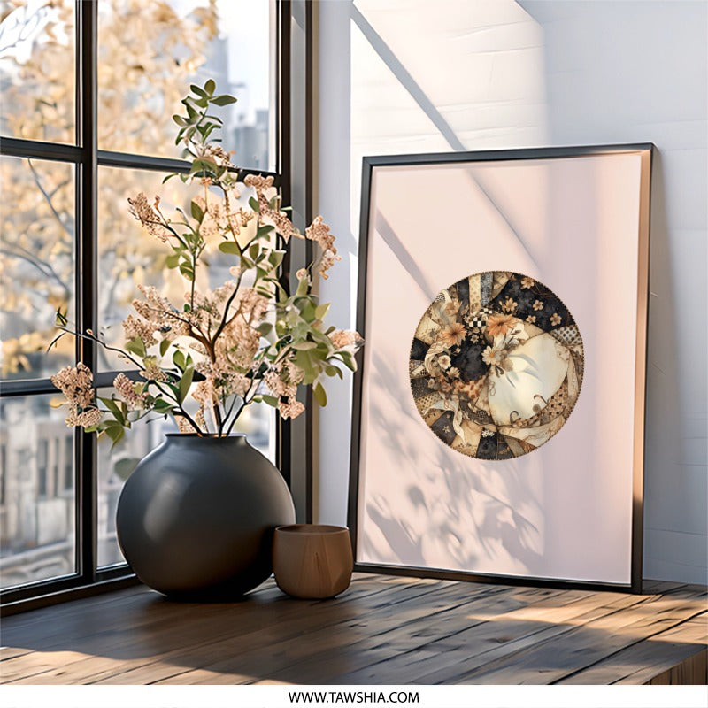 Floral Collage Wall Art, Abstract Flower Circle Print, Unique Wall Decor, Contemporary Art Print, Modern Wall Hanging, Sepia Tones Art - Tawshia