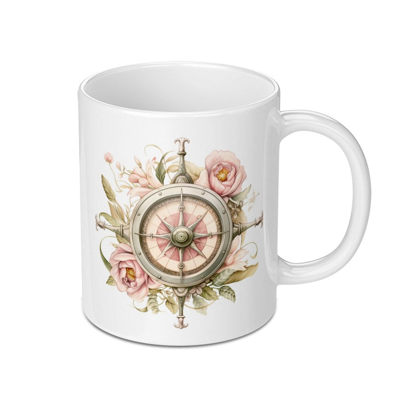 Compass Rose Mug, Floral Nautical Mug, Travel Lover Gift, Vintage Style Mug, Adventure Mug, Rose Compass Coffee Cup, Wanderlust Mug - Tawshia