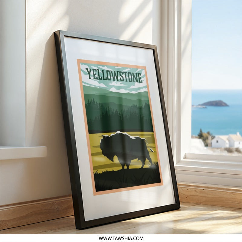 Yellowstone Wall Art, National Park Decor, Buffalo Illustration, Landscape Art Print, Travel Poster, Nature Wall Hanging, Home Decor - Tawshia