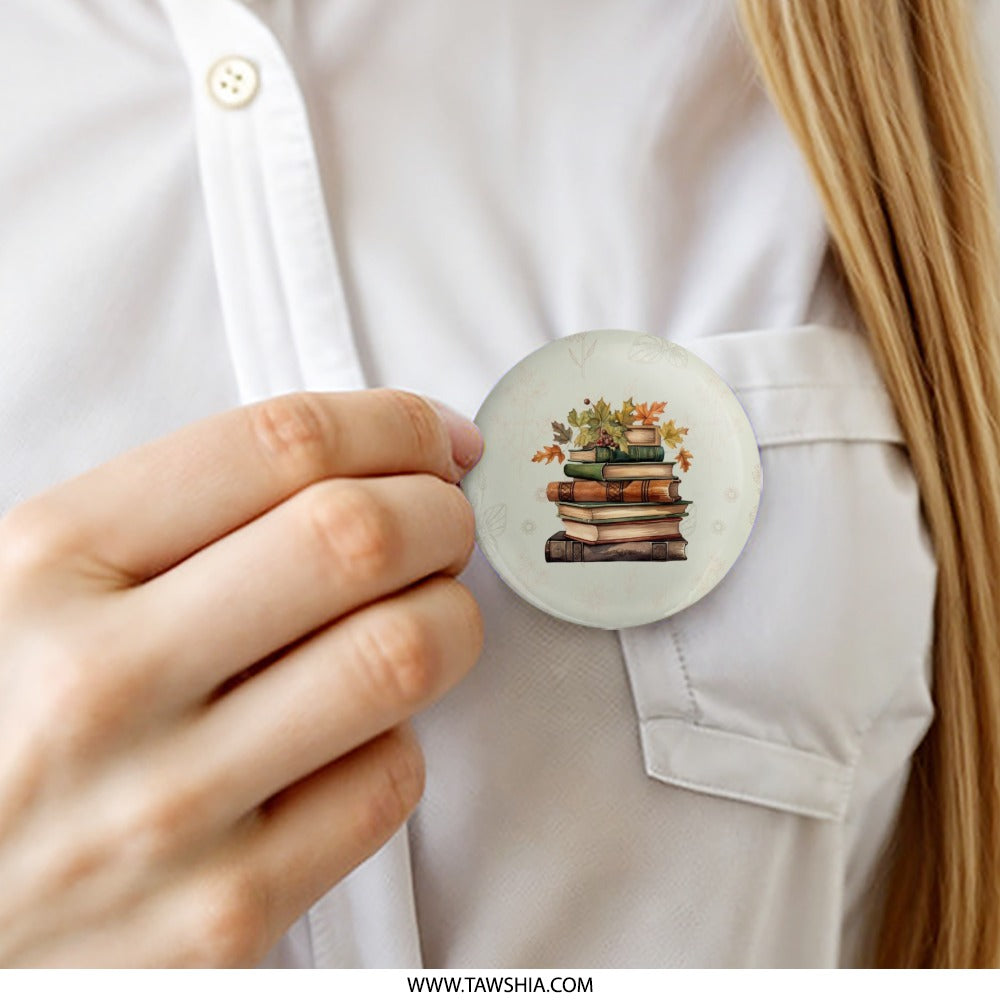 Stack of Books Pinback Button, Autumn Leaves, Reader Gift, Fall Decor, Book Lover Gift, Academic Aesthetic, Cozy Season Accessories - Tawshia