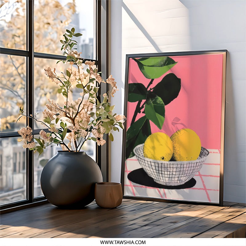 Lemon Still Life Wall Art, Pink Kitchen Art, Citrus Fruit Print, Modern Food Art, Vibrant Home Decor, Kitchen Wall Decor - Tawshia