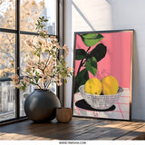 Lemon Still Life Wall Art, Pink Kitchen Art, Citrus Fruit Print, Modern Food Art, Vibrant Home Decor, Kitchen Wall Decor - Tawshia
