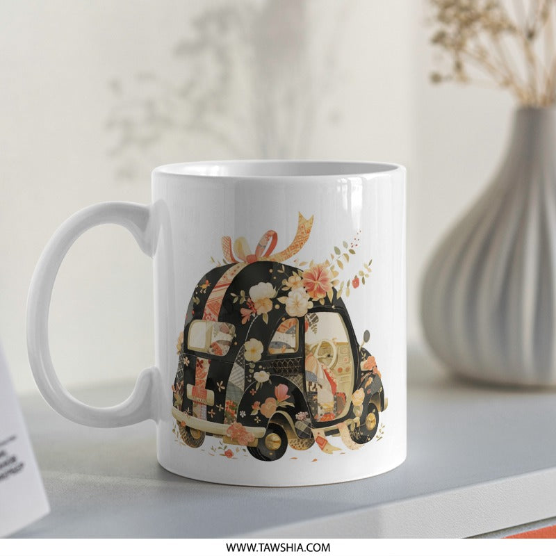 Floral Car Mug, Cute Vehicle Mug, Artistic Automotive Coffee Mug, Decorative Flower Mug, Car Lover Gift Idea, Quirky Graphic Mug - Tawshia