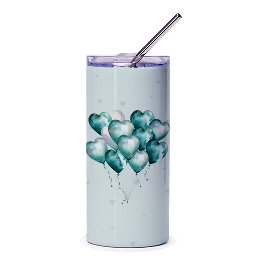 Heart Balloons Tumbler, Teal Love Balloons, Cute Hearts Drinkware, Gift For Her, Pretty Valentines Tumblers, Aesthetic Birthday Gift - Tawshia
