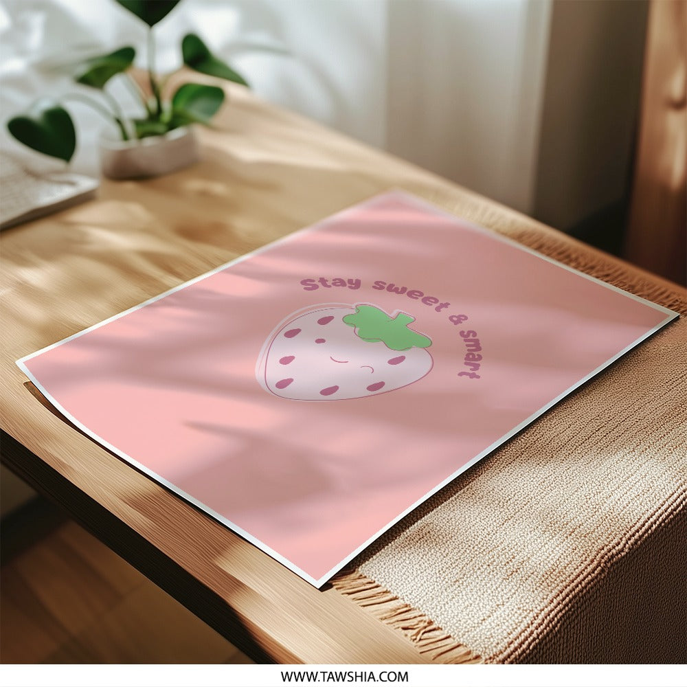 Stay Sweet Smart Print, Strawberry Wall Art, Cute Photographic Prints, Kawaii Decor, Kids Room Art, Pastel Prints, Positive Affirmation - Tawshia