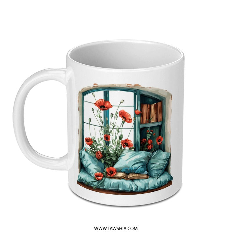 Window Seat Mug, Poppies and Books, Cozy Reading Nook Gift, Book Lover Present, Floral Mug, Literary Mug, Readers Gift, Home Decor - Tawshia