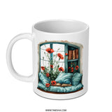 Window Seat Mug, Poppies and Books, Cozy Reading Nook Gift, Book Lover Present, Floral Mug, Literary Mug, Readers Gift, Home Decor - Tawshia