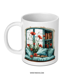 Window Seat Mug, Poppies and Books, Cozy Reading Nook Gift, Book Lover Present, Floral Mug, Literary Mug, Readers Gift, Home Decor - Tawshia