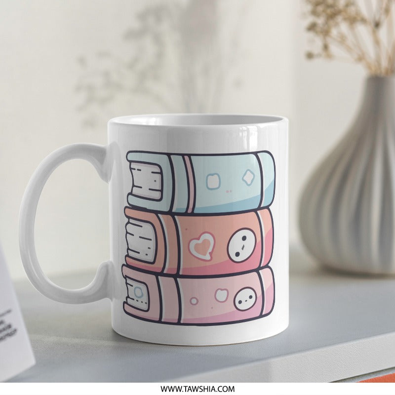 Cute Books Mug, Stacked Books Mug, Reader Gift Mug, Book Lover Mug, Kawaii Books Mug, Pastel Book Mug, Coffee Mug for Bookworms - Tawshia