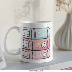 Cute Books Mug, Stacked Books Mug, Reader Gift Mug, Book Lover Mug, Kawaii Books Mug, Pastel Book Mug, Coffee Mug for Bookworms - Tawshia