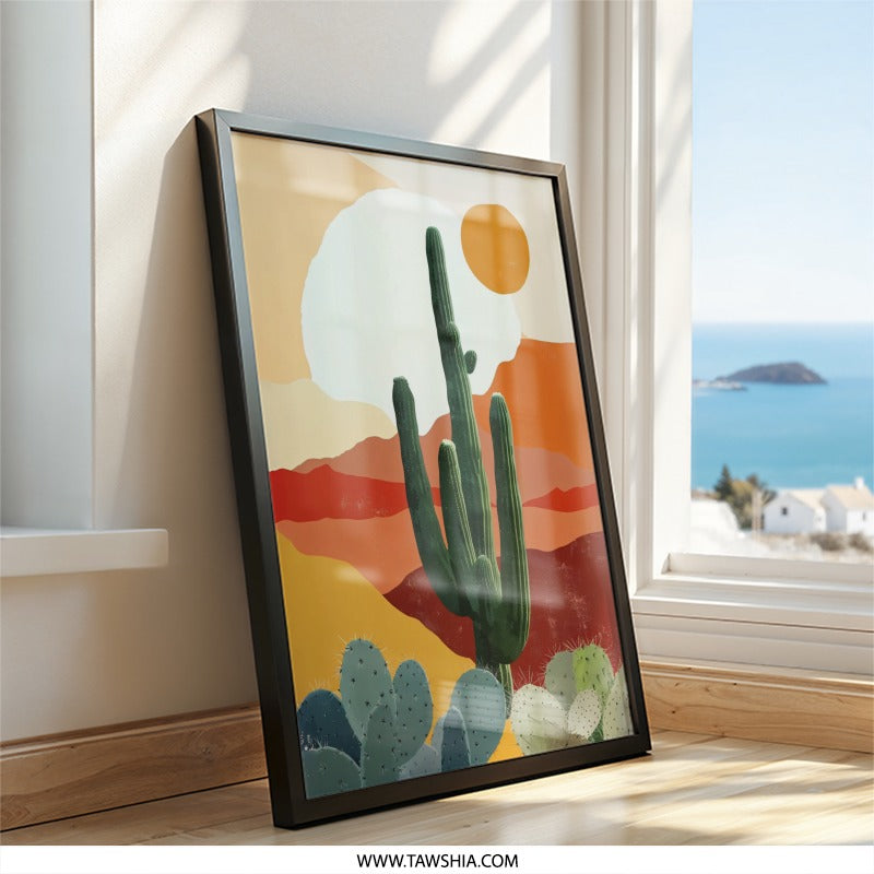 Desert Cactus Wall Art, Southwestern Wall Decor, Saguaro Cactus Print, Abstract Desert Art, Warm Toned Desert Landscape, Southwest Home - Tawshia