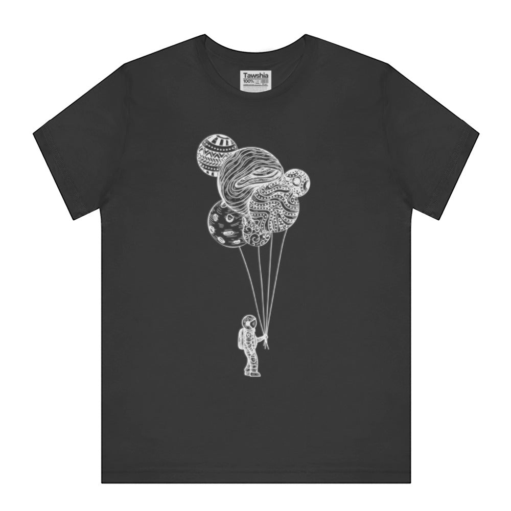 Astronaut Floating with Balloons Black T-Shirt product