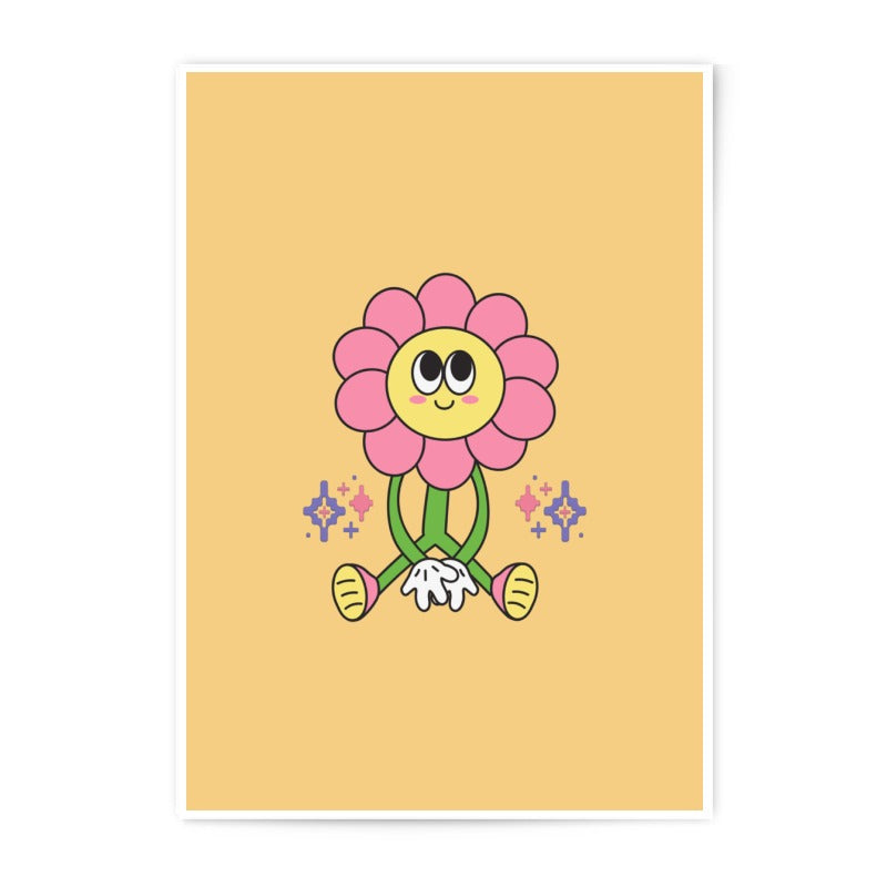 Groovy Flower Photographic Print, Retro Cartoon Art, Cute Floral Illustration, Funky Home Decor, Smiling Flower Child, Trendy Wall Art - Tawshia