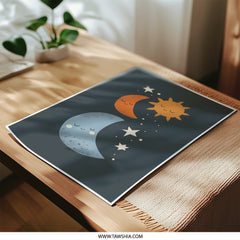 Sun Moon Stars Art Photographic Print, Nursery Wall Decor, Celestial Art, Kids Room Art Print, Whimsical Art, Baby Shower Gift - Tawshia