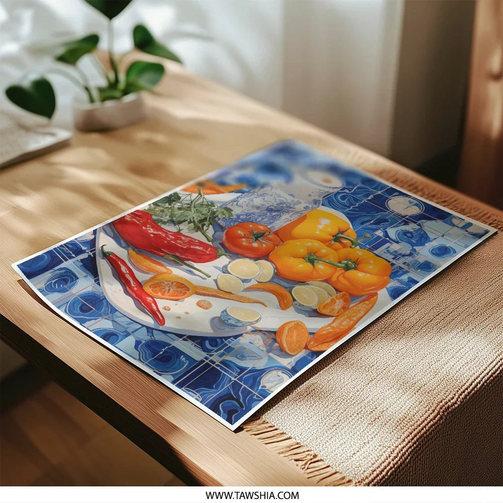 Still Life Photographic Print, Kitchen Art, Blue and White Decor, Pepper Art Print, Food Photography Print, Tomato Print, Citrus Art - Tawshia