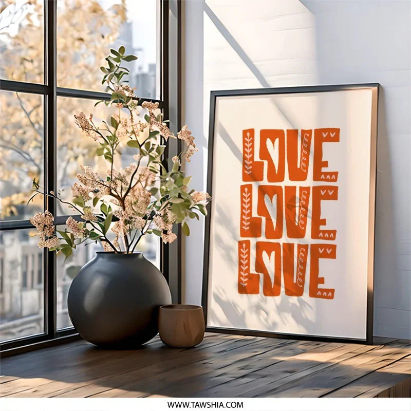 Love Wall Art, Modern Love Print, Minimalist Art, Boho Wall Decor, Orange Love Art, Trendy Home Decor, Gift Idea, Framed Wall Art - Tawshia