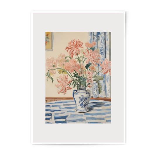 Floral Still Life Photographic Print, Pink Flowers Art, Blue and White Vase, Cozy Home Decor, Living Room Art, Wall Decor - Tawshia