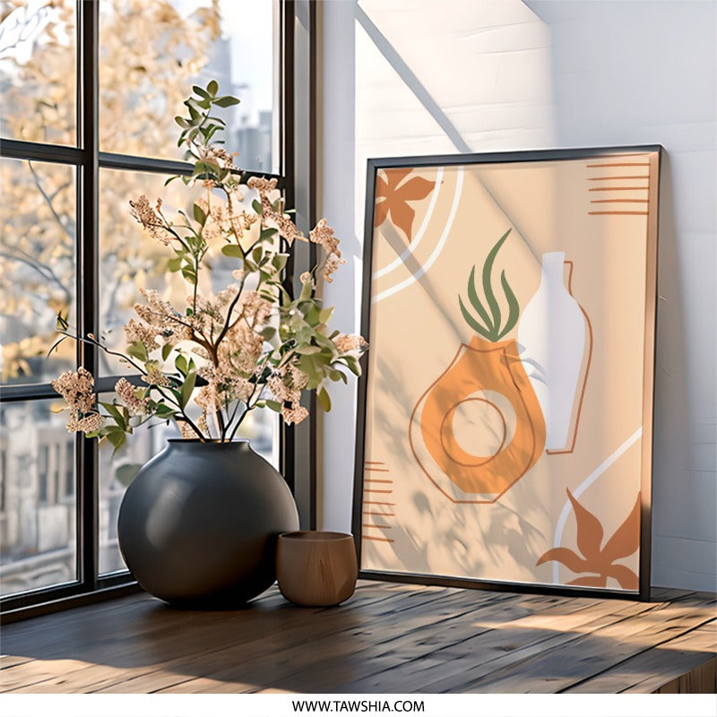 Boho Vase Wall Art, Abstract Plant Print, Neutral Tone Decor, Minimalist Home Art, Botanical Illustration, Modern Wall Art - Tawshia
