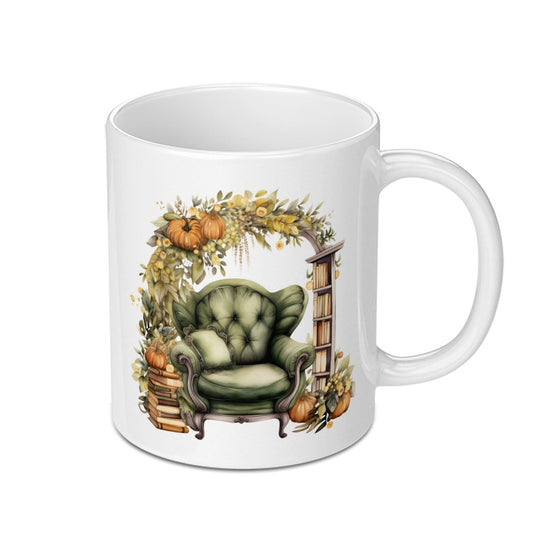 Autumn Reading Nook Mug, Cozy Chair Coffee Mug, Book Lover Gift Mug, Fall Decor Mug, Pumpkin and Books Mug, Thanksgiving Mug - Tawshia