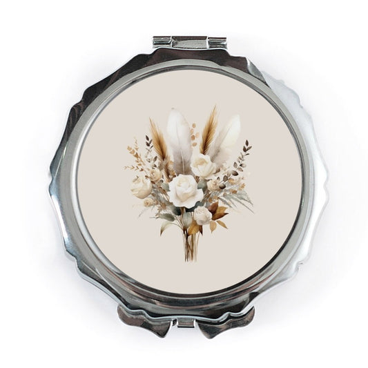 Floral Pocket Mirror, Boho Flower Bouquet Compact Mirror, Elegant Roses and Feathers Makeup Mirror, Women's Gift, Bridesmaid Gift - Tawshia