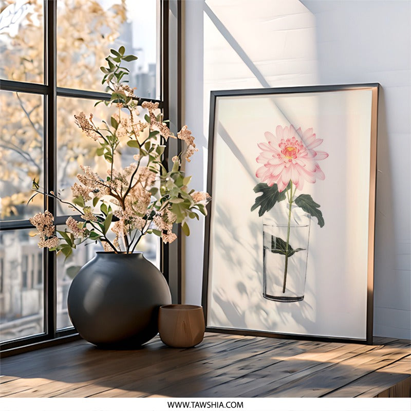 Pink Chrysanthemum Wall Art, Floral Still Life Print, Botanical Illustration, Flower in Glass, Delicate Floral Artwork, Home Decor - Tawshia