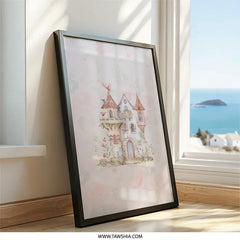 Enchanted Castle Framed Wall Art, Fairy Tale Home Decor, Watercolor Princess Castle Print, Whimsical Nursery Art, Dreamy Kids Room Art - Tawshia