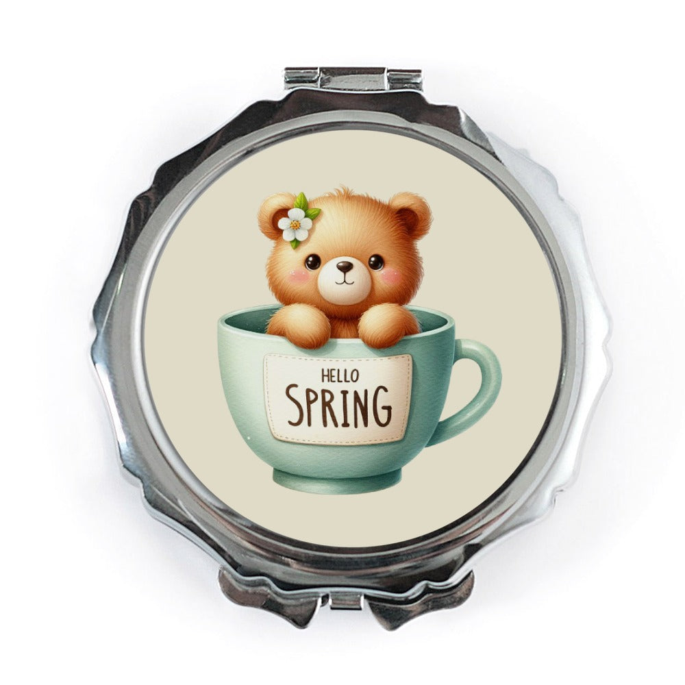 Cute Spring Teddy Bear Pocket Mirror, Hello Spring Compact Mirror, Springtime Gift, Floral Bear Mirror, Tea Cup Mirror, Floral Mirror - Tawshia