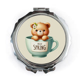 Cute Spring Teddy Bear Pocket Mirror, Hello Spring Compact Mirror, Springtime Gift, Floral Bear Mirror, Tea Cup Mirror, Floral Mirror - Tawshia