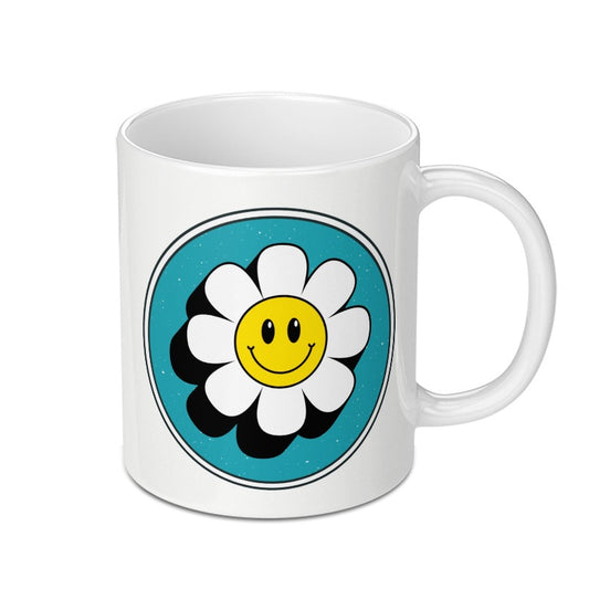 Retro Smiley Daisy Mug, 70s Flower Power, Groovy Aesthetic, Cute Happy Mug, Trendy Gift Idea - Tawshia