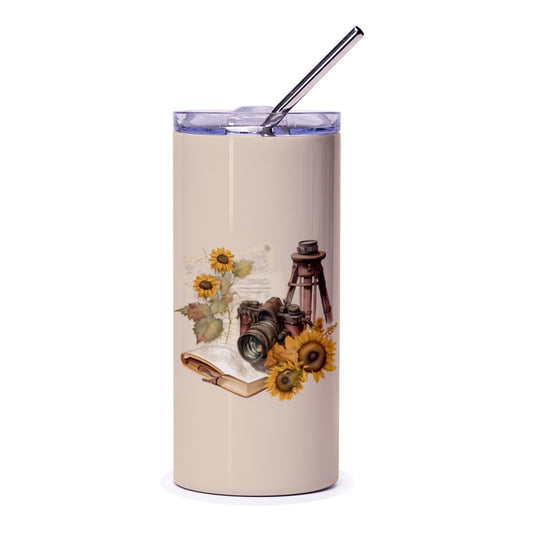 Sunflower Camera Tumbler, Photography Lover Gift, Vintage Tumbler, Travel Photography Tumbler, Book Tumbler, Photographer Tumbler - Tawshia