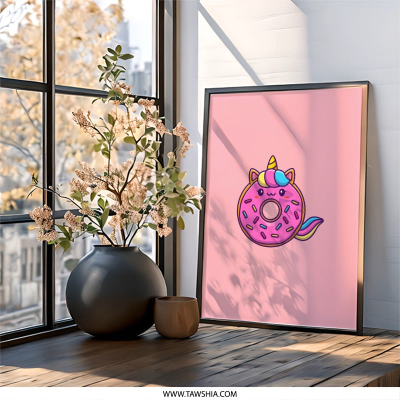 Cute Unicorn Donut Wall Art, Kids Room Decor, Kawaii Print, Pink Donut Art, Dessert Illustration, Funny Wall Decor, Playroom Art - Tawshia