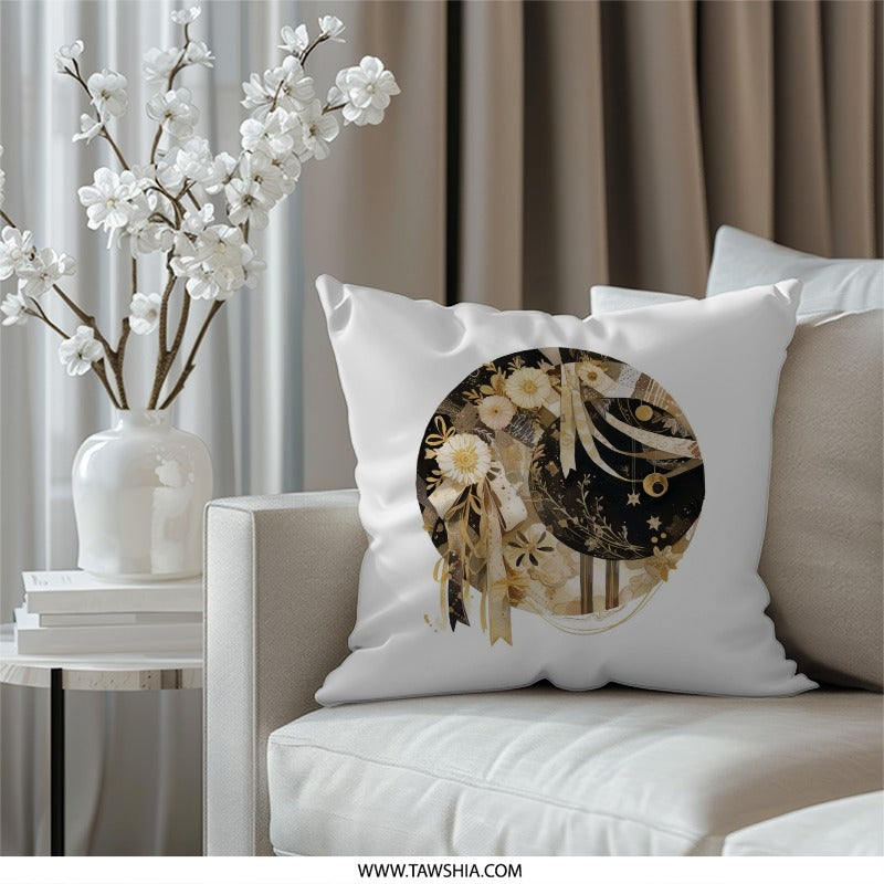 Floral Moon Pillow, Celestial Art Throw Pillow, Elegant Decorative Pillow, Home Decor Accent Pillow, Living Room Pillow, Bedroom Cushion - Tawshia