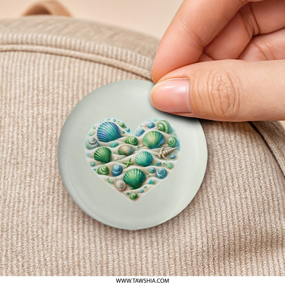 Seashell Heart Pinback Button, Beach Lover Gift, Coastal Decor Button, Ocean Themed Button, Heart Shaped Pin Button, Shell Collector Button - Tawshia