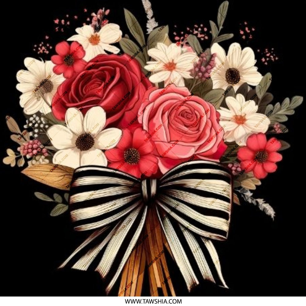 Floral Bouquet Pinback Button, Rose Pin, Flower Accessory, Striped Bow, Elegant Button, Unique Gift Idea, Trendy Button - Tawshia