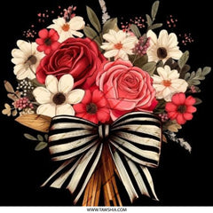 Floral Bouquet Pinback Button, Rose Pin, Flower Accessory, Striped Bow, Elegant Button, Unique Gift Idea, Trendy Button - Tawshia