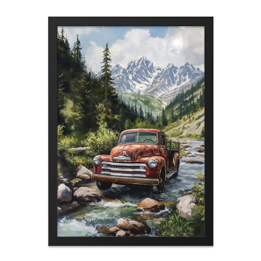 Vintage Truck Wall Art, Rustic Mountain Print, Chevrolet Pickup Poster, Country Home Decor, Classic Car Landscape, River Scene Artwork - Tawshia