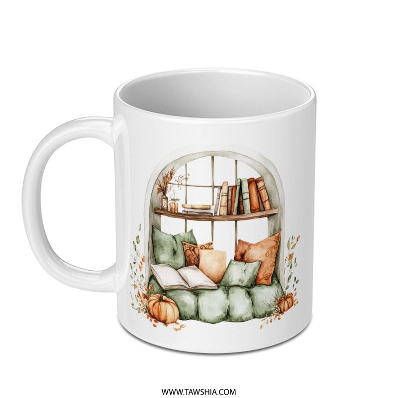 Book Nook Mug, Cozy Reading Spot, Fall Inspired Mug, Book Lover Gift, Autumn Decor Mug, Pumpkin Spice Season, Window Seat Mug - Tawshia