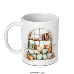 Book Nook Mug, Cozy Reading Spot, Fall Inspired Mug, Book Lover Gift, Autumn Decor Mug, Pumpkin Spice Season, Window Seat Mug - Tawshia