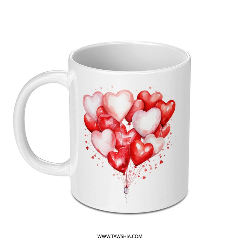 Heart Balloons Mug, Watercolor Heart Mug, Romantic Mug, Valentine's Day Gift, Love Mug, Gift for Her, Anniversary Gift, Cute Mug - Tawshia