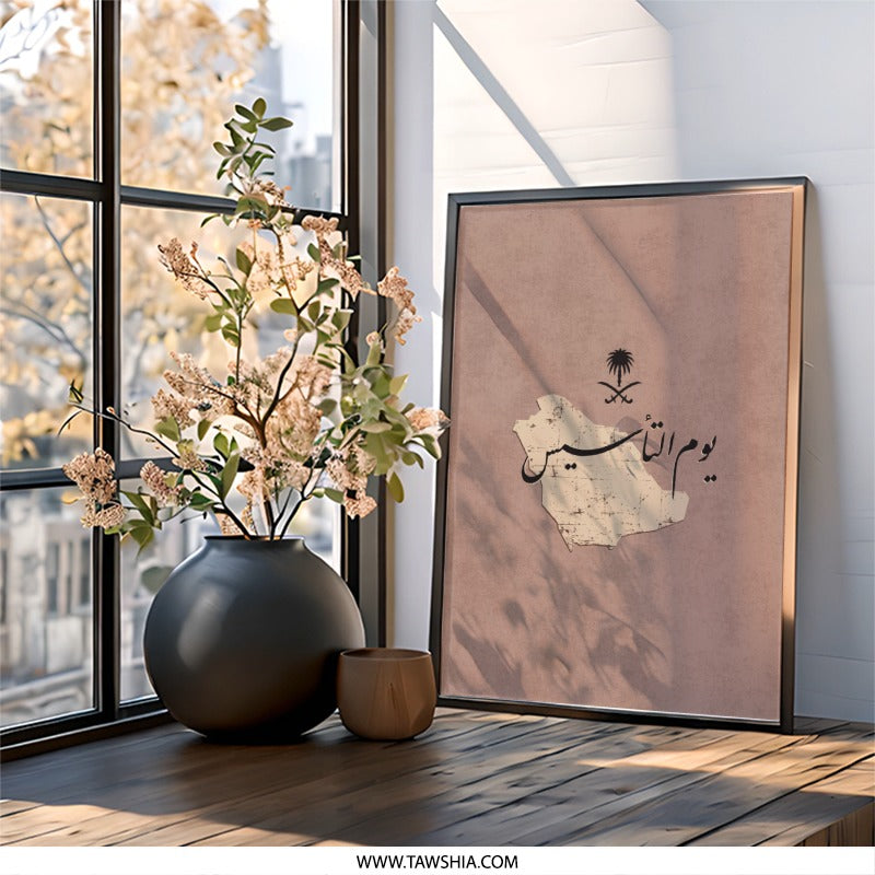 Saudi Arabia Map Wall Art, Kingdom Foundation Day, Arabic Calligraphy, KSA Decor, Minimalist Print, Saudi National Day Gift - Tawshia