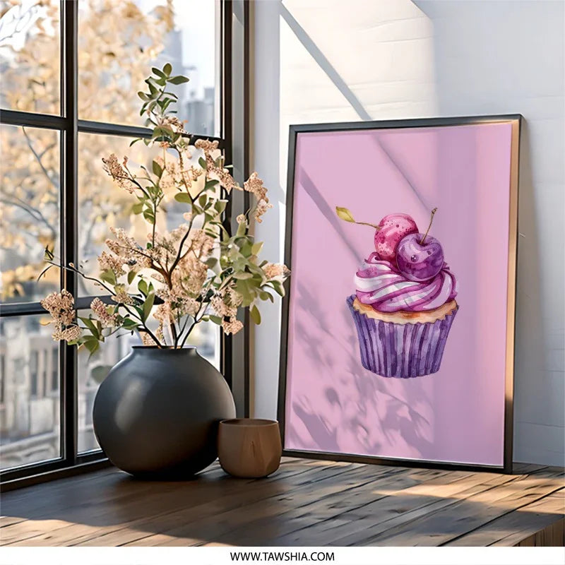 Cherry Cupcake Wall Art, Purple Pink Watercolor Painting, Sweet Treat Decor, Foodie Gift Idea, Dessert Print, Kitchen Art (138) - Tawshia