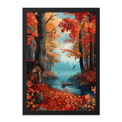 Autumn Cabin Wall Art, Fall Foliage Print, Lakeside Cabin Decor, Rustic Home Art, Colorful Autumn Scenery, Nature Wall Hanging - Tawshia