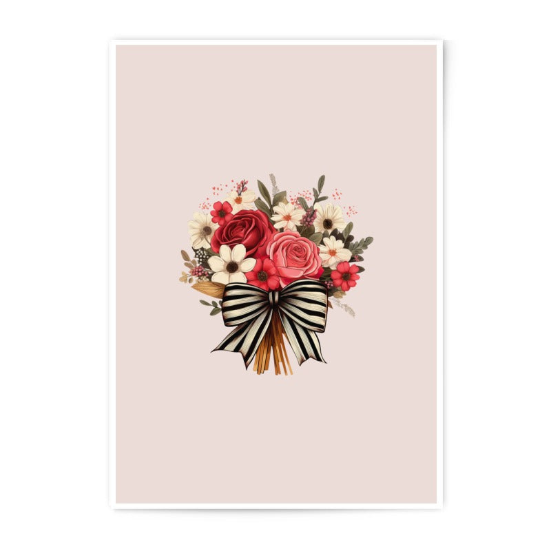Floral Bouquet Photographic Prints, Red Roses Art, Striped Bow Decor, Elegant Flower Art, Wedding Decor, Home Decor, Gift Idea - Tawshia