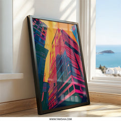 Colorful Skyscraper Art, Urban Wall Art, Cityscape Print, Modern Architecture, Framed Wall Decor, Home Office Art, Vibrant City Art - Tawshia