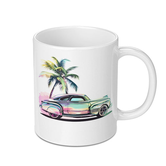 Vintage Car Mug, Classic Auto, Retro Vehicle, Palm Tree Design, Colorful Drinkware, Gift for Car Lovers - Tawshia