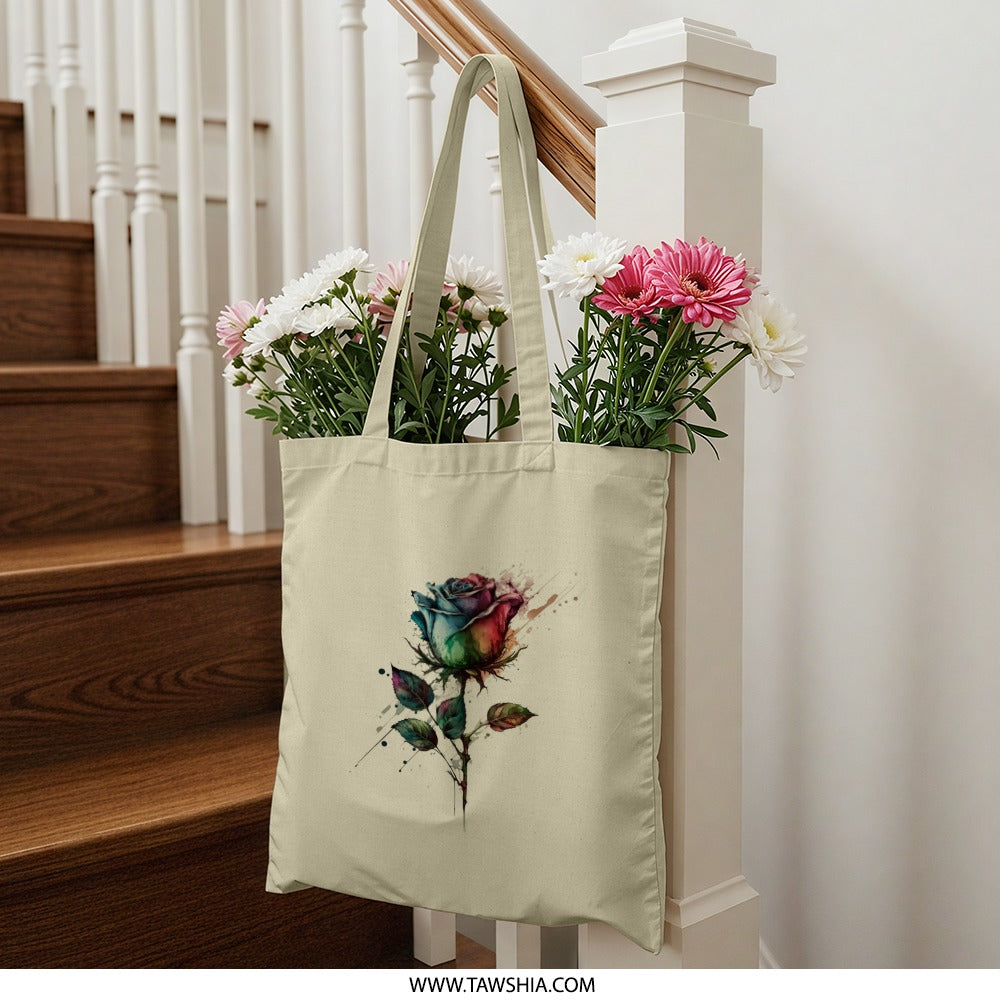 Rainbow Rose Tote Bag, Floral Design Bag, Colorful Flower Gift, Artistic Print Tote, Trendy Everyday Bag - Tawshia