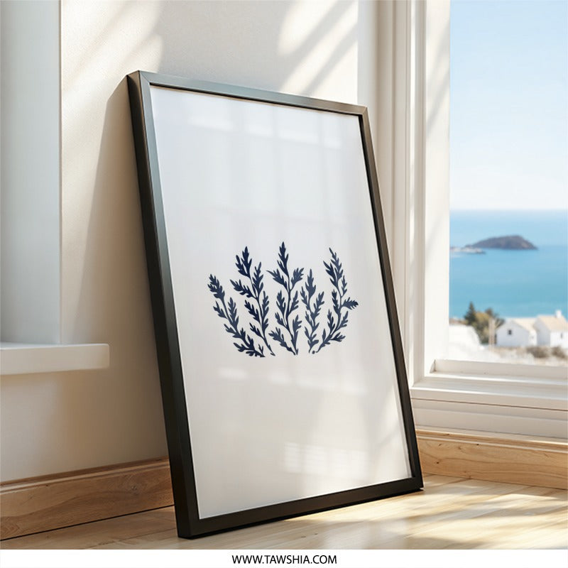 Navy Botanical Wall Art, Minimalist Fern Print, Modern Nature Art, Simple Leaf Decor, Blue Plant Illustration, Home Decor Wall Art - Tawshia