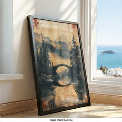 Serene Bridge Wall Art, Mountain Landscape Print, Peaceful Nature Artwork, Misty Forest Decor, Calming Zen Scenery, Home Decoration - Tawshia